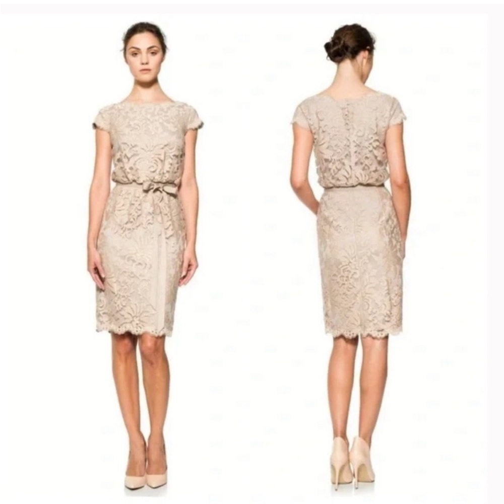 TADASHI SHOJI Greta taupe lace cap sleeve formal dress with belt size 6